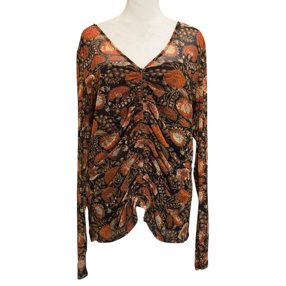 Jane + Delancey Blouse Size L Orange Black Paisley Stretchy Sheer Long Sleeves